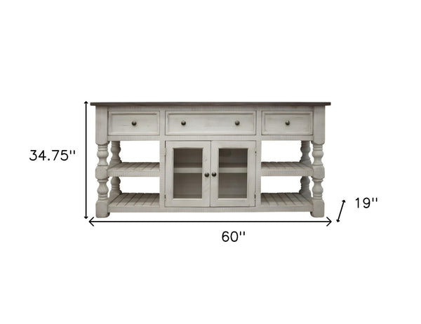 HomeRoots 60" Ivory Solid Wood Open-Shelving TV Stand – Rustic Farmhouse Style with Distressed Finish & Storage 528759