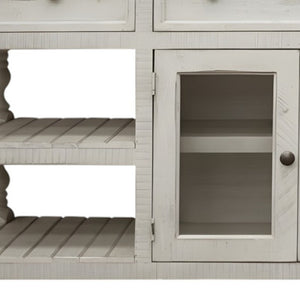 HomeRoots 60" Ivory Solid Wood Open-Shelving TV Stand – Rustic Farmhouse Style with Distressed Finish & Storage 528759