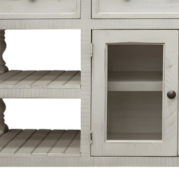 HomeRoots 60" Ivory Solid Wood Open-Shelving TV Stand – Rustic Farmhouse Style with Distressed Finish & Storage 528759