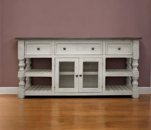 Homeroots 70" Ivory Solid Wood Open Shelving Distressed Tv Stand  Solid Wood 528760