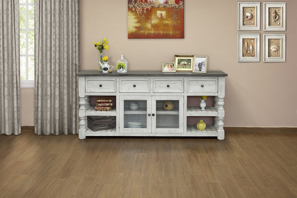 Homeroots 81" Ivory Solid Wood Open Shelving Distressed Tv Stand  Solid Wood 528761