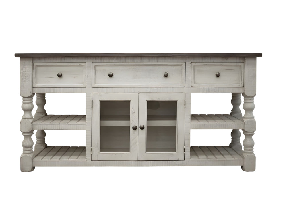 Homeroots 81" Ivory Solid Wood Open Shelving Distressed Tv Stand  Solid Wood 528761