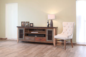 HomeRoots 76" Rustic Solid Pine Wood TV Stand with Distressed Finish, Enclosed Storage & Cable Management 528764