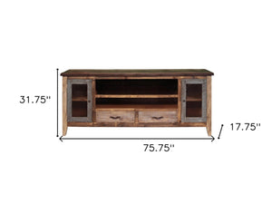 HomeRoots 76" Rustic Solid Pine Wood TV Stand with Distressed Finish, Enclosed Storage & Cable Management 528764