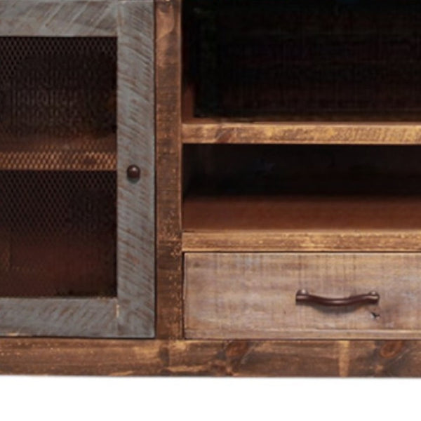HomeRoots 76" Rustic Solid Pine Wood TV Stand with Distressed Finish, Enclosed Storage & Cable Management 528764