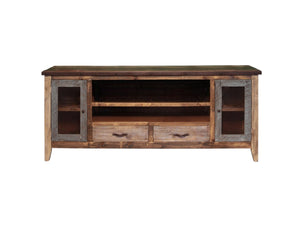 HomeRoots 76" Rustic Solid Pine Wood TV Stand with Distressed Finish, Enclosed Storage & Cable Management 528764
