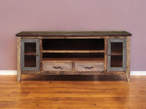 HomeRoots 76" Rustic Solid Pine Wood TV Stand with Distressed Finish, Enclosed Storage & Cable Management 528764