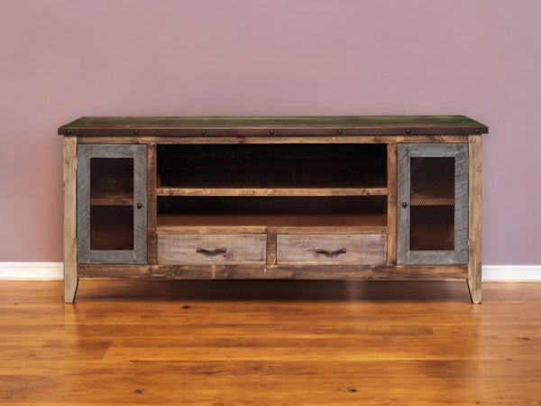 HomeRoots 76" Rustic Solid Pine Wood TV Stand with Distressed Finish, Enclosed Storage & Cable Management 528764