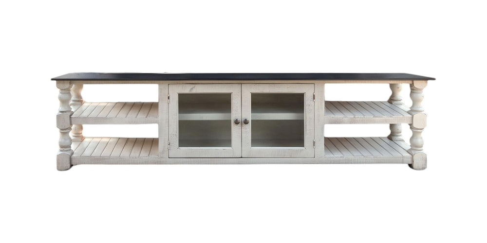 Homeroots 93" Gray And Ivory Solid Wood Cabinet Enclosed Storage Distressed Tv Stand  Solid Wood 528766