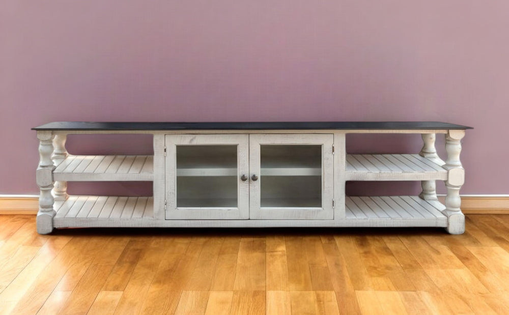 Homeroots 93" Gray And Ivory Solid Wood Cabinet Enclosed Storage Distressed Tv Stand  Solid Wood 528766