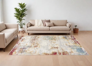 Homeroots 10' X 16' Red Blue And Ivory Abstract Washable Non Skid Area Rug  Polypropylene 528815