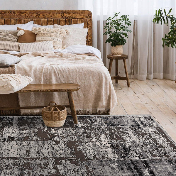 HomeRoots 10' Abstract Washable Area Rug in Gray, Brown & Ivory - Non-Skid, Durable, Stain-Resistant Design 528817