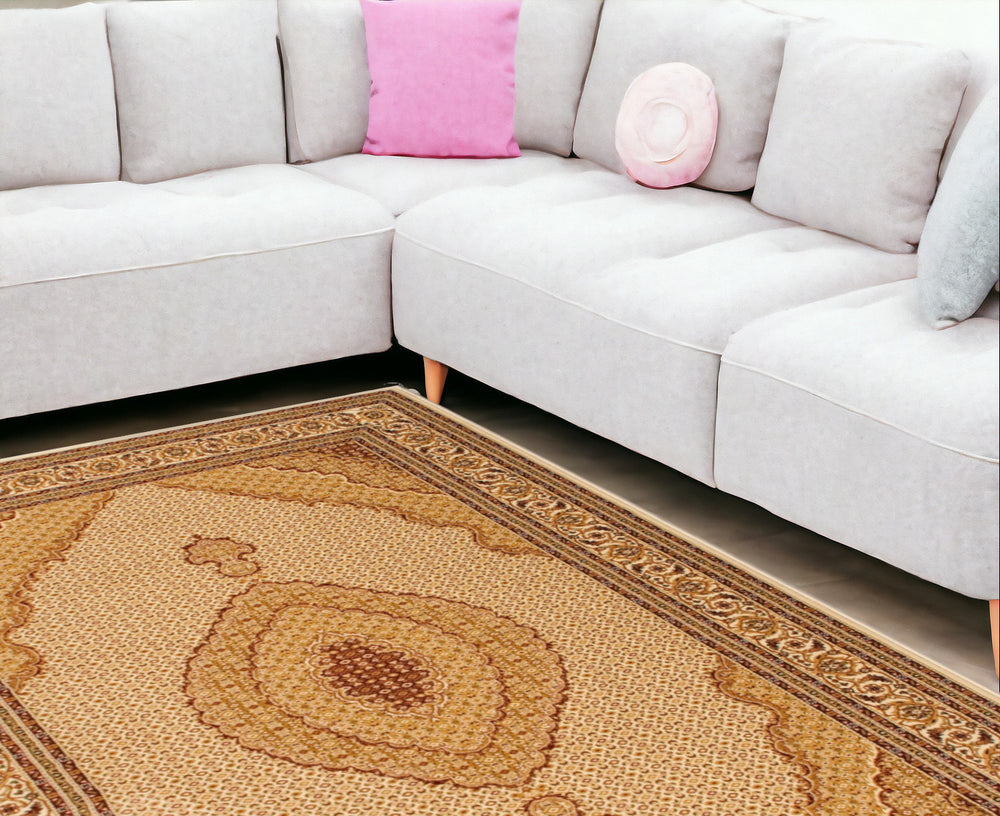 Homeroots 10' X 13' Beige And Ivory Oriental Washable Non Skid Area Rug  Other Material 528821