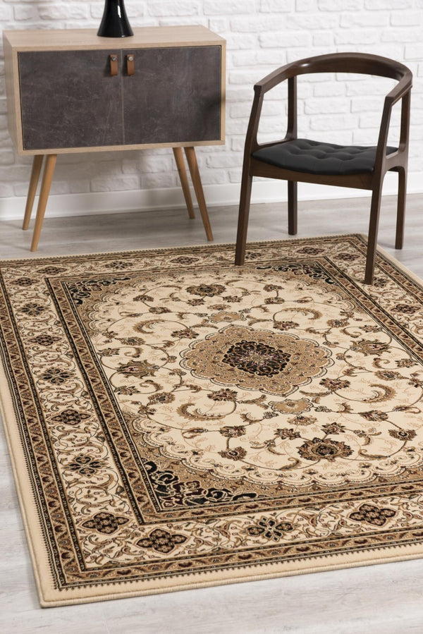 HomeRoots 10' Beige and Black Oriental Area Rug - Washable, Non-Skid, Durable Design for Homes with Pets 10' X 13' Rectangle 528824