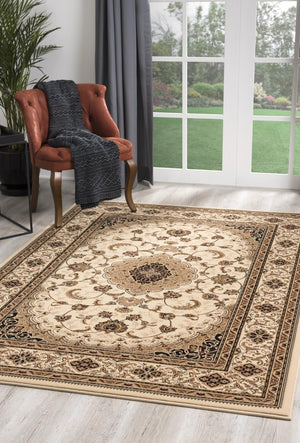 HomeRoots 10' Beige and Black Oriental Area Rug - Washable, Non-Skid, Durable Design for Homes with Pets 10' X 13' Rectangle 528824