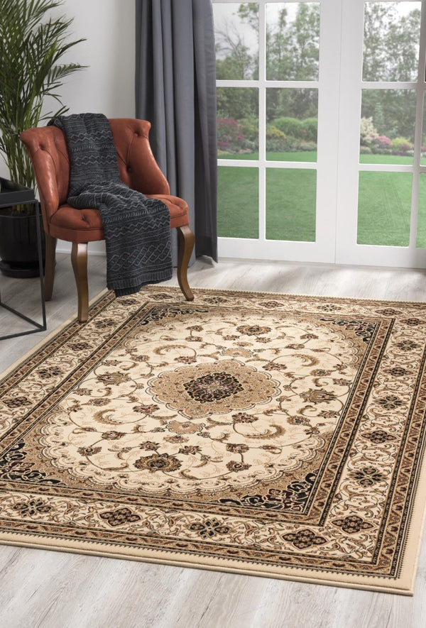 HomeRoots 10' Beige and Black Oriental Area Rug - Washable, Non-Skid, Durable Design for Homes with Pets 10' X 13' Rectangle 528824