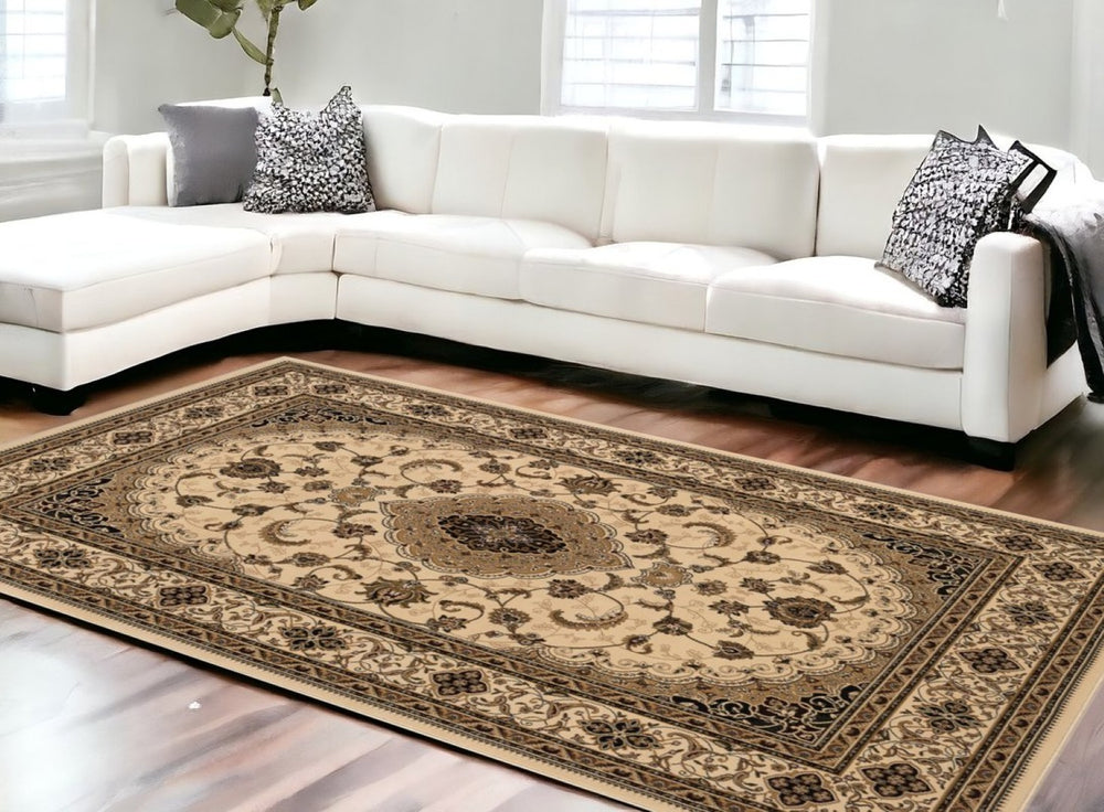 HomeRoots 10' Beige and Black Oriental Area Rug - Washable, Non-Skid, Durable Design for Homes with Pets 10' X 13' Rectangle 528824