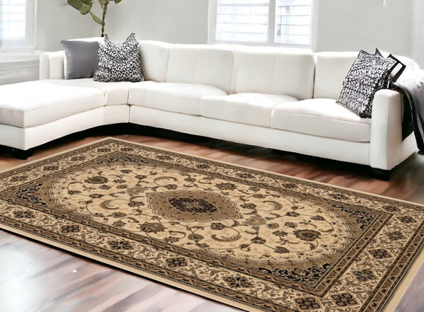 HomeRoots 10' Beige and Black Oriental Area Rug - Washable, Non-Skid, Durable Design for Homes with Pets 10' X 13' Rectangle 528824