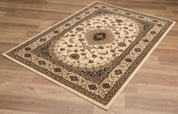 HomeRoots 10' Beige and Black Oriental Area Rug - Washable, Non-Skid, Durable Design for Homes with Pets 10' X 13' Rectangle 528824