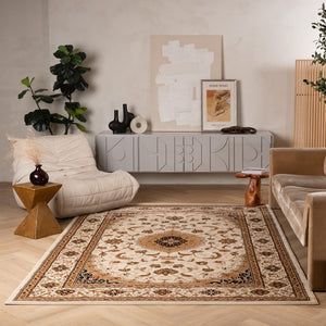 HomeRoots 10' Beige and Black Oriental Area Rug - Washable, Non-Skid, Durable Design for Homes with Pets 10' X 13' Rectangle 528824