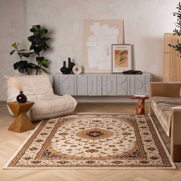 HomeRoots 10' Beige and Black Oriental Area Rug - Washable, Non-Skid, Durable Design for Homes with Pets 10' X 13' Rectangle 528824