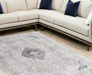 Homeroots 9' X 12' Gray Oriental Washable Non Skid Area Rug  Viscose 528829