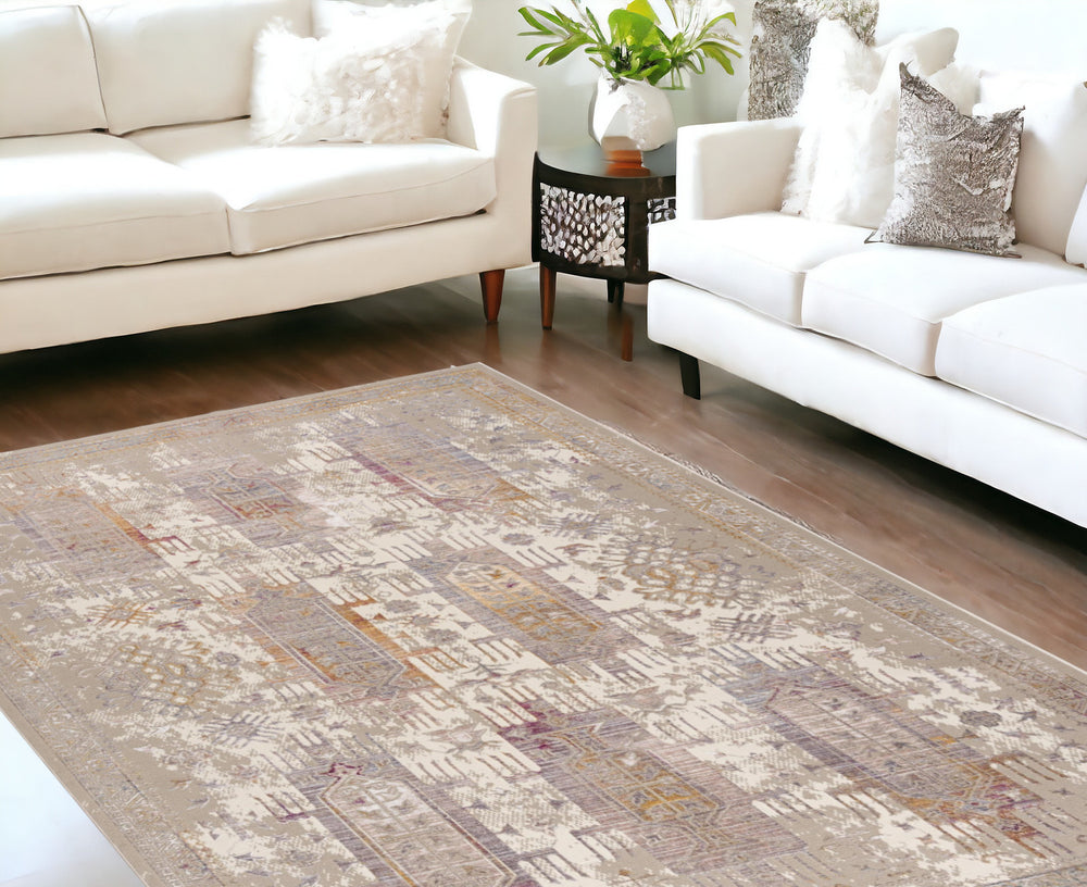 Homeroots 9' X 12' Beige And Ivory Oriental Power Loom Washable Non Skid Area Rug  Cotton Blend 528833