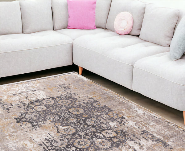 Homeroots 9' X 12' Gray And Ivory Oriental Washable Non Skid Area Rug  Polyester 528834