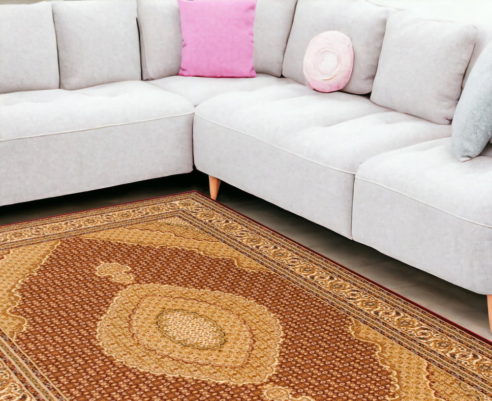 Homeroots 10' X 13' Beige And Red Oriental Washable Non Skid Area Rug  Other Material 528838