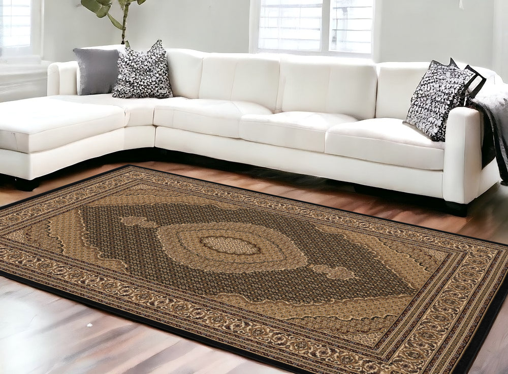 Homeroots 10' X 13' Beige And Black Oriental Washable Non Skid Area Rug  Other Material 528839