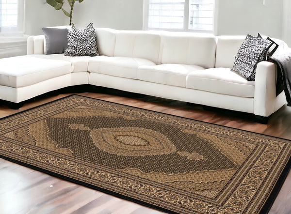 Homeroots 10' X 13' Beige And Black Oriental Washable Non Skid Area Rug  Other Material 528839