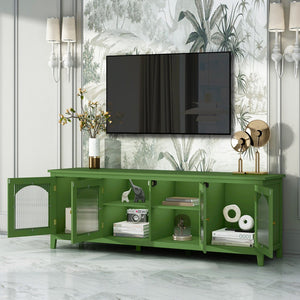 English Elm 71-inch Antique Green TV Console Table with Solid Wood Frame, Changhong Glass Doors & Metal Handles — Stylish Media Center for Bedroom or Kids' Room (74.8x22.05x7.87) W67966833