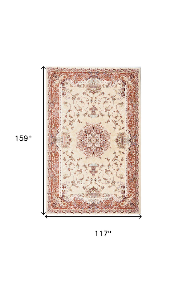 Homeroots 10' X 13' Red And Ivory Oriental Washable Non Skid Area Rug  Other Material 528841