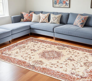 Homeroots 10' X 13' Red And Ivory Oriental Washable Non Skid Area Rug  Other Material 528841