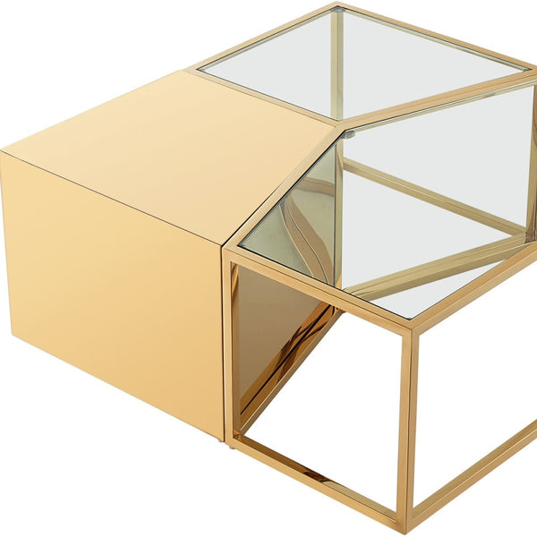 Homeroots Set Of Three 37" Clear And Gold Glass And Stainless Steel Square Mirrored Bunching Coffee Tables Gold  528845