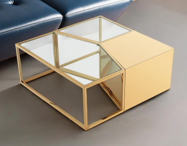 HomeRoots Set of Three 37" Clear Glass Mirrored Bunching Coffee Tables for a Modern Living Space Upgrade Gold 528845