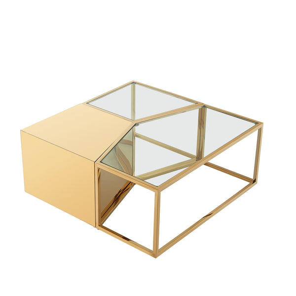 Homeroots Set Of Three 37" Clear And Gold Glass And Stainless Steel Square Mirrored Bunching Coffee Tables Gold  528845