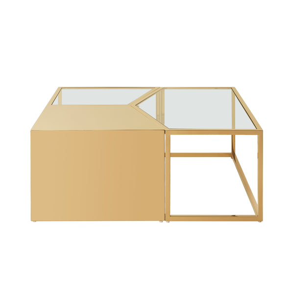 Homeroots Set Of Three 37" Clear And Gold Glass And Stainless Steel Square Mirrored Bunching Coffee Tables Gold  528845