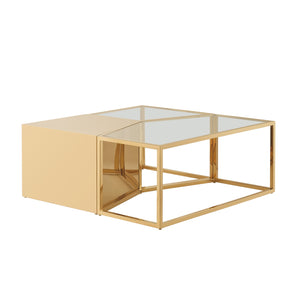 Homeroots Set Of Three 37" Clear And Gold Glass And Stainless Steel Square Mirrored Bunching Coffee Tables Gold  528845
