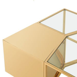 Homeroots Set Of Three 37" Clear And Gold Glass And Stainless Steel Square Mirrored Bunching Coffee Tables Gold  528845