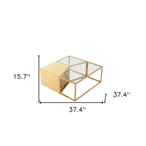 Homeroots Set Of Three 37" Clear And Gold Glass And Stainless Steel Square Mirrored Bunching Coffee Tables Gold  528845