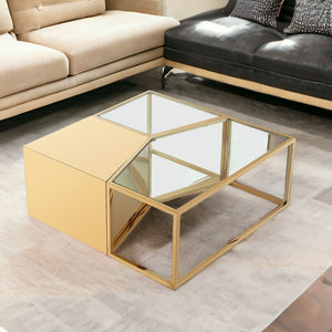 Homeroots Set Of Three 37" Clear And Gold Glass And Stainless Steel Square Mirrored Bunching Coffee Tables Gold  528845