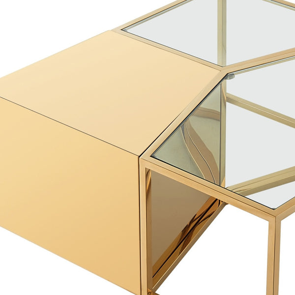 Homeroots Set Of Three 37" Clear And Gold Glass And Stainless Steel Square Mirrored Bunching Coffee Tables Gold  528845