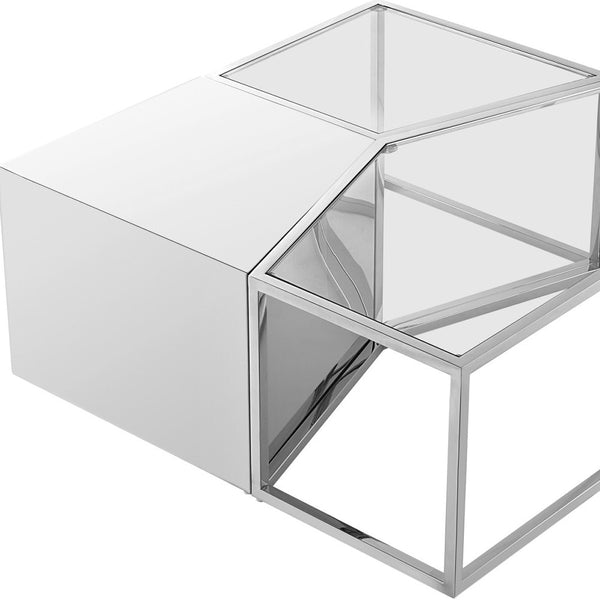 Homeroots Set Of Three 37" Clear And Silver Glass  Stainless Steel Square Mirrored Bunching Coffee Tables Chrome  528846