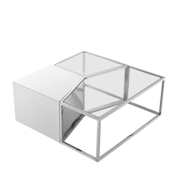 Homeroots Set Of Three 37" Clear And Silver Glass  Stainless Steel Square Mirrored Bunching Coffee Tables Chrome  528846