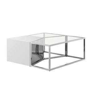 Homeroots Set Of Three 37" Clear And Silver Glass  Stainless Steel Square Mirrored Bunching Coffee Tables Chrome  528846