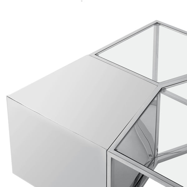 Homeroots Set Of Three 37" Clear And Silver Glass  Stainless Steel Square Mirrored Bunching Coffee Tables Chrome  528846