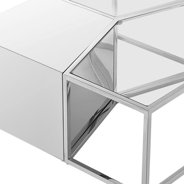 Homeroots Set Of Three 37" Clear And Silver Glass  Stainless Steel Square Mirrored Bunching Coffee Tables Chrome  528846
