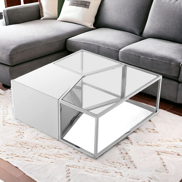 Homeroots Set Of Three 37" Clear And Silver Glass  Stainless Steel Square Mirrored Bunching Coffee Tables Chrome  528846