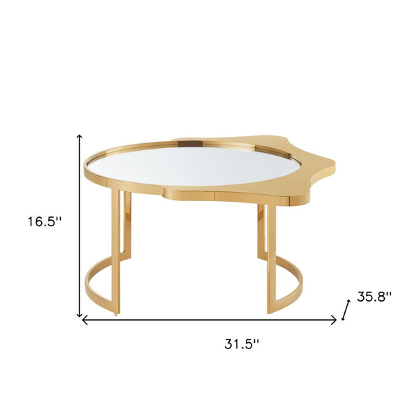 HomeRoots 32" Round Mirrored Coffee Table with Elegant Glass Top and Sturdy Stainless Steel Frame for Modern Spaces Gold 528847
